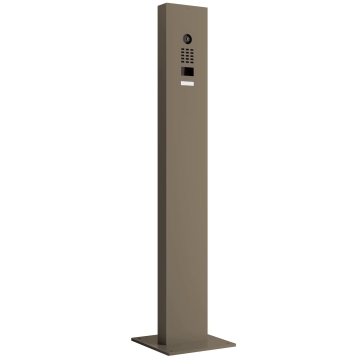 System domofonowy ze stojakiem zawierający płytę bazową Smart Doorbird D1101V w kolorze beżowo-szarym